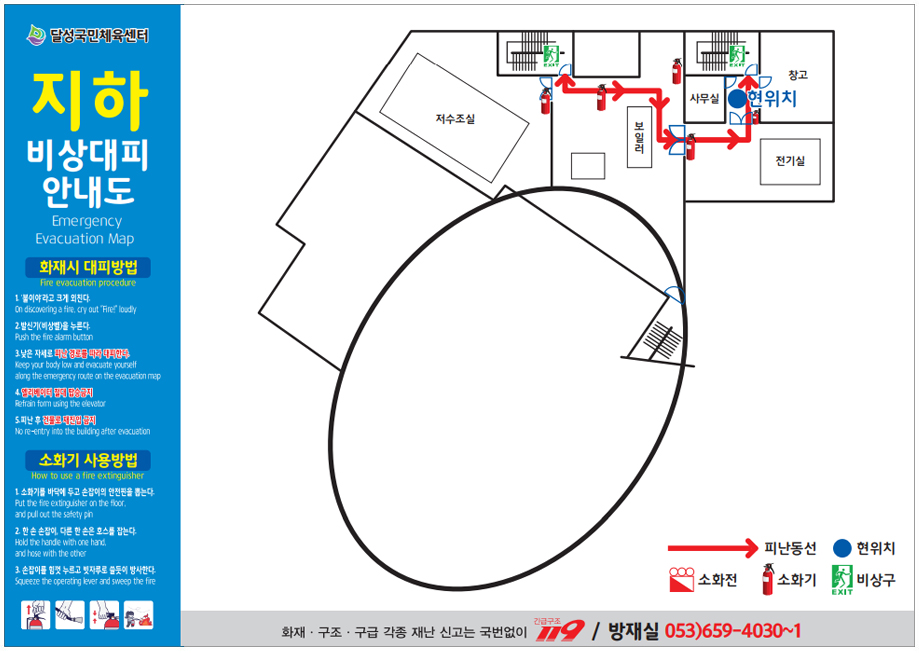 피난안내도 지하 1층 - 지하 비상대피 안내도, 화재시 대피방법 : 1. 불이야 라고 크게 외친다, 2. 발신기(비상벨)을 누른다. 3. 오른쪽 피난 안내도에 있는 피난동선에 따라 신속대피한다. [피난대피도 - 저수조실 이나, 보일러실 입구로 나와, 사무실에서 북쪽 출구로 대피 ] 소화기 사용방법: 1. 소화기를 바닥에 내려두고 손잡이의 안전핀을 뽑는다. 2. 한손은 손잡이, 다른 한 손은 호스를 잡는다. 3. 손잡이를 힘껏 누르고 빗자루로 쓸듯이 방사한다.