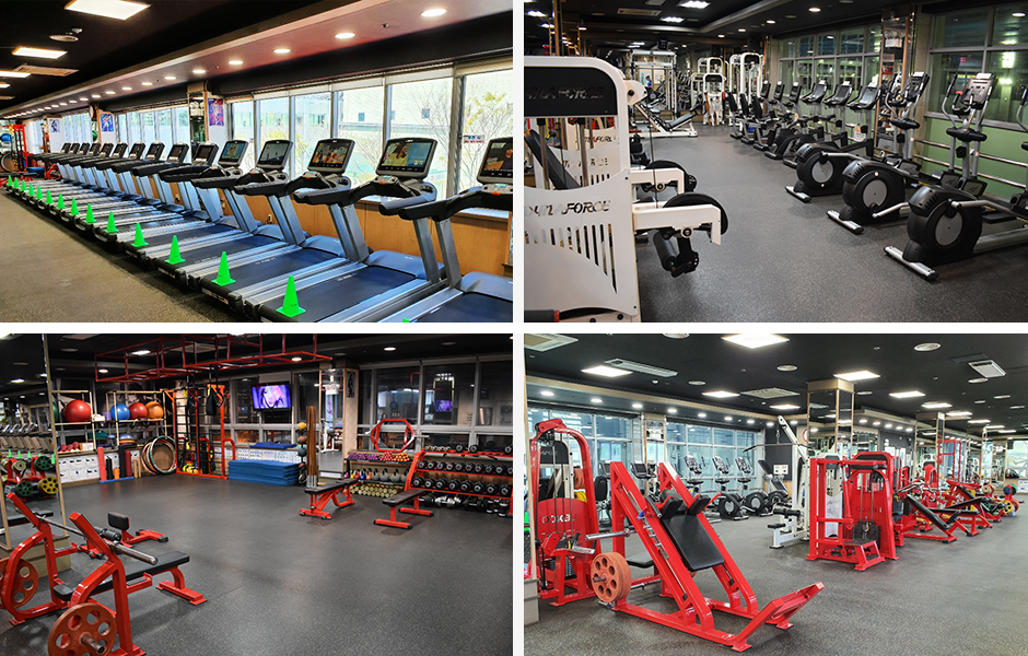 다양한 헬스기구가 보이는 내부 전경과 단체로 운동지도를 받는 사진