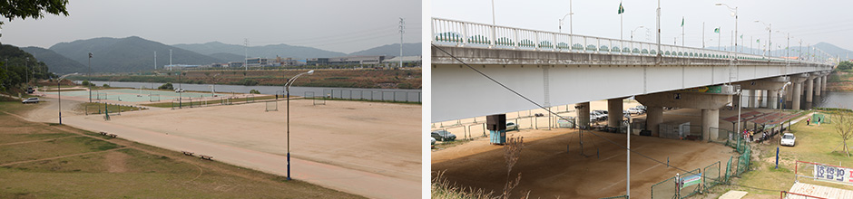 금호강변 체육시설 전경을 다양한 각도에서 바라본 사진